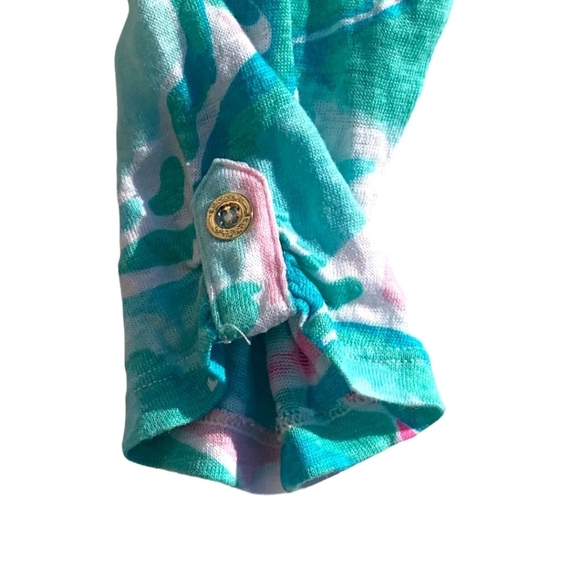 Lilly Pulitzer Elsa Linen Blouse Women's Long Sleeve Henley Tropical Pin Small - Picture 6 of 7